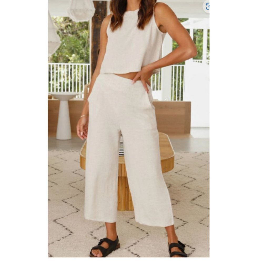 Cream Linen Tank Top Pants Set